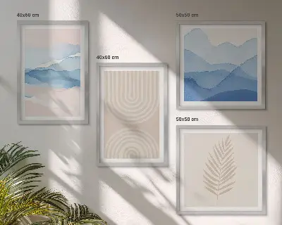Set de 4 cuadros para salón diseño de hojas onduladas en tonos beige y azulado