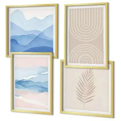 Set de 4 cuadros para salón diseño de hojas onduladas en tonos beige y azulado