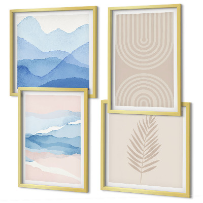 Set de 4 cuadros para salón Hojas onduladas beige azulado