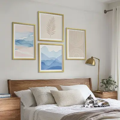 Set de 4 cuadros para salón diseño de hojas onduladas en tonos beige y azulado