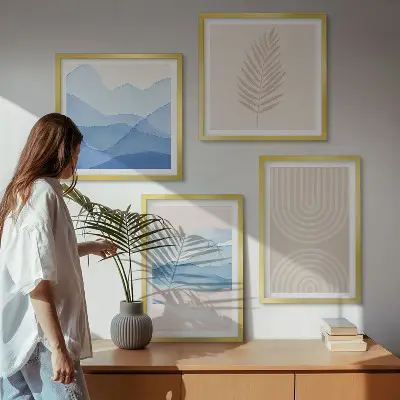 Set de 4 cuadros para salón diseño de hojas onduladas en tonos beige y azulado