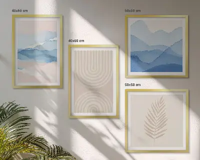 Set de 4 cuadros para salón diseño de hojas onduladas en tonos beige y azulado