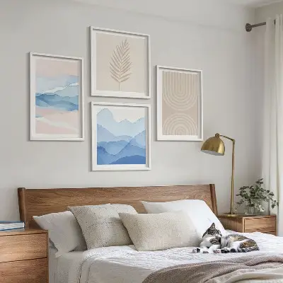 Set de 4 cuadros para salón diseño de hojas onduladas en tonos beige y azulado