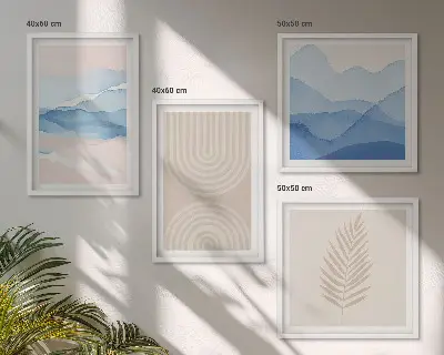 Set de 4 cuadros para salón diseño de hojas onduladas en tonos beige y azulado