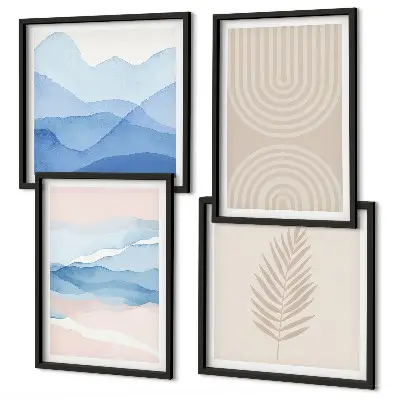 Set de 4 cuadros para salón diseño de hojas onduladas en tonos beige y azulado