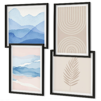 Set de 4 cuadros para salón Hojas onduladas beige azulado