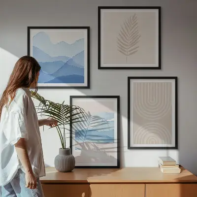 Set de 4 cuadros para salón diseño de hojas onduladas en tonos beige y azulado