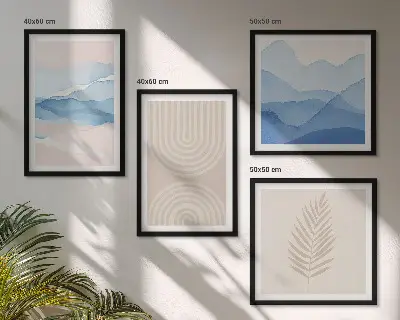 Set de 4 cuadros para salón diseño de hojas onduladas en tonos beige y azulado