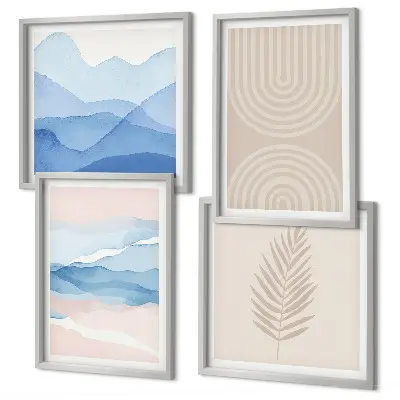 Set de 4 cuadros para salón diseño de hojas onduladas en tonos beige y azulado