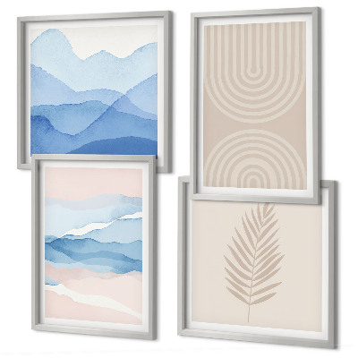 Set de 4 cuadros para salón Hojas onduladas beige azulado