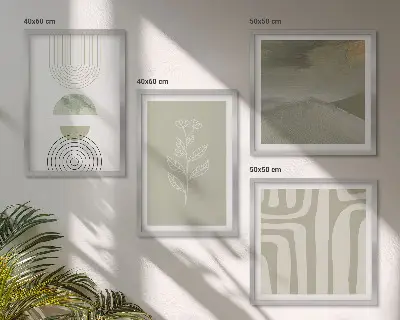 Set de cuadros modernos para salón con diseño de patrones geométricos y plantas