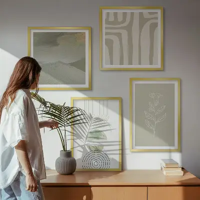 Set de cuadros modernos para salón con diseño de patrones geométricos y plantas