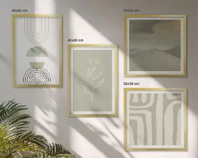 Set de cuadros modernos para salón con diseño de patrones geométricos y plantas