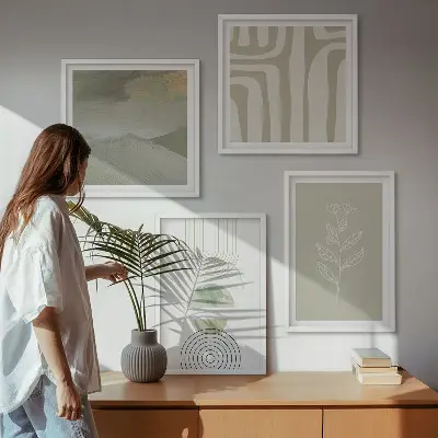 Set de cuadros modernos para salón con diseño de patrones geométricos y plantas