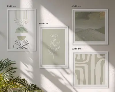 Set de cuadros modernos para salón con diseño de patrones geométricos y plantas