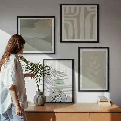 Set de cuadros modernos para salón con diseño de patrones geométricos y plantas
