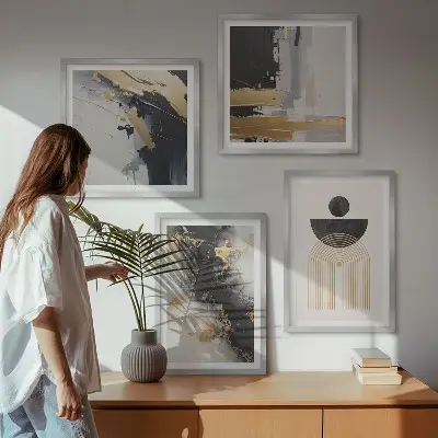 Set de 4 cuadros para salón con composición geométrica abstracta
