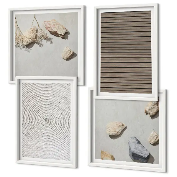 Set de 4 cuadros para salón con diseño de texturas naturales de madera y piedras
