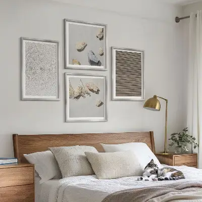 Set de 4 cuadros para salón con diseño de texturas naturales de madera y piedras