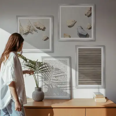 Set de 4 cuadros para salón con diseño de texturas naturales de madera y piedras
