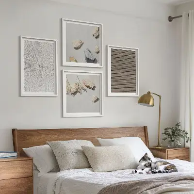 Set de 4 cuadros para salón con diseño de texturas naturales de madera y piedras
