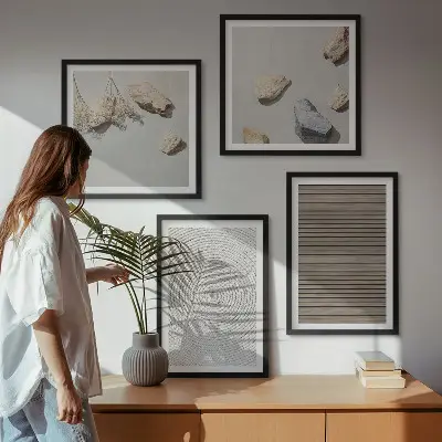 Set de 4 cuadros para salón con diseño de texturas naturales de madera y piedras