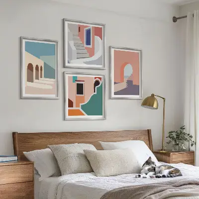 Set de cuadros modernos para salón con gráficos minimalistas en tonos pastel
