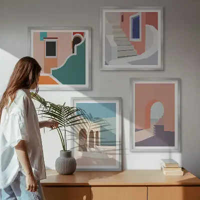Set de cuadros modernos para salón con gráficos minimalistas en tonos pastel