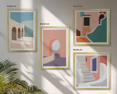 Set de cuadros modernos para salón con gráficos minimalistas en tonos pastel