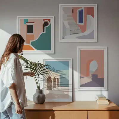 Set de cuadros modernos para salón con gráficos minimalistas en tonos pastel