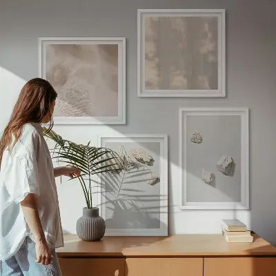 Set de cuadros modernos para salón con decoraciones de playa y piedras de estilo bohemio