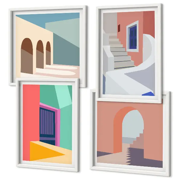 Galería de pared con diseño de edificios modernos y coloridos
