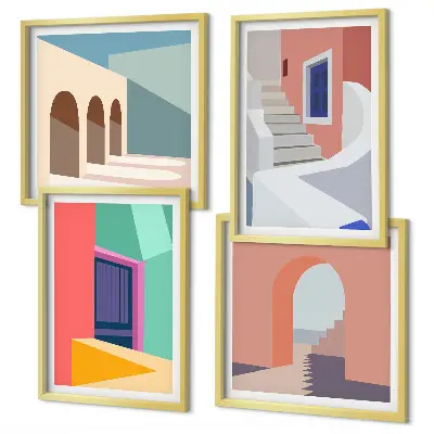 Galería de pared con diseño de edificios modernos y coloridos