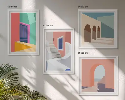 Galería de pared con diseño de edificios modernos y coloridos