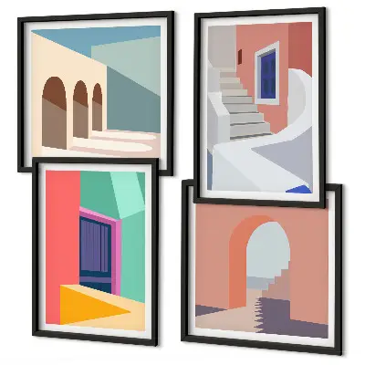 Galería de pared con diseño de edificios modernos y coloridos