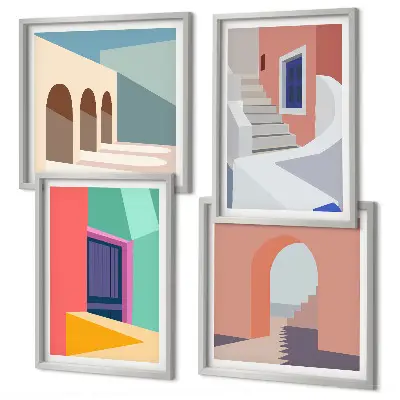 Galería de pared con diseño de edificios modernos y coloridos