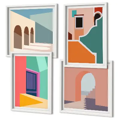 Set de cuadros modernos para salón con ilustraciones coloridas de la ciudad