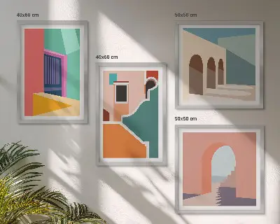 Set de cuadros modernos para salón con ilustraciones coloridas de la ciudad