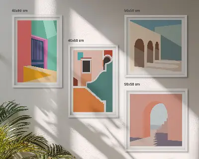 Set de cuadros modernos para salón con ilustraciones coloridas de la ciudad