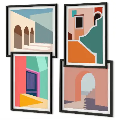 Set de cuadros modernos para salón con ilustraciones coloridas de la ciudad