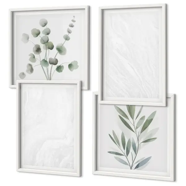 Set de cuadros modernos para salón con diseño de estructura de mármol y ramitas en tonos pastel