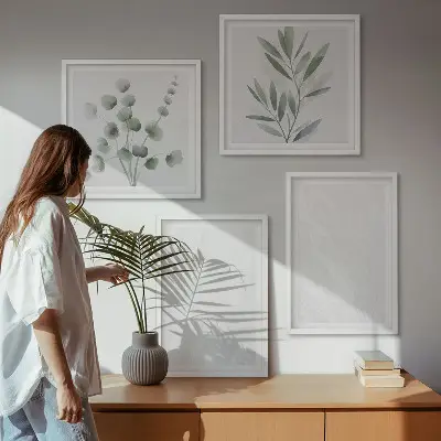 Set de cuadros modernos para salón con diseño de estructura de mármol y ramitas en tonos pastel