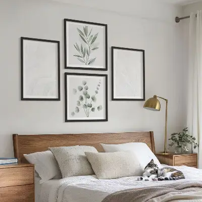 Set de cuadros modernos para salón con diseño de estructura de mármol y ramitas en tonos pastel