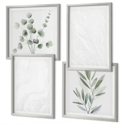 Set de cuadros modernos para salón con diseño de estructura de mármol y ramitas en tonos pastel