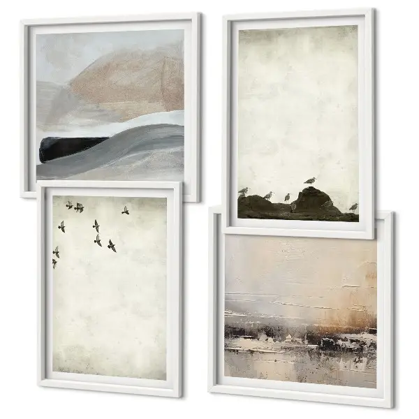 Set de 4 cuadros para salón con diseño de pájaros, rocas y pinceladas decorativas