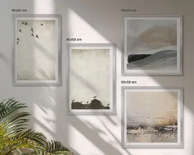Set de 4 cuadros para salón con diseño de pájaros, rocas y pinceladas decorativas