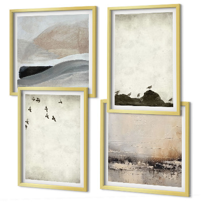 Set de 4 cuadros para salón Pájaros, rocas, pinceladas, decoraciones