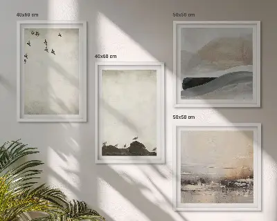 Set de 4 cuadros para salón con diseño de pájaros, rocas y pinceladas decorativas