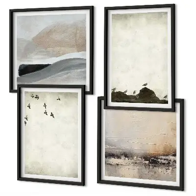 Set de 4 cuadros para salón con diseño de pájaros, rocas y pinceladas decorativas