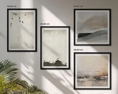 Set de 4 cuadros para salón con diseño de pájaros, rocas y pinceladas decorativas